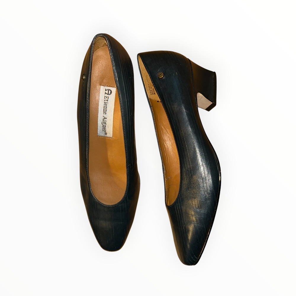 Etienne Aigner Messina Navy Blue Leather Block Heel Pumps Women 6M Low Heel Shoe